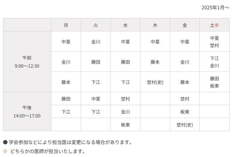 2025年1月より診察担当医が変更になります